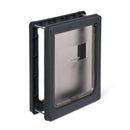 Seitenansicht der grauen manuell verriegelbaren Hundetür von Dog Mate mit magnetischem Verschluss und bürstendicht verschlossener Klappe vor weißem Hintergrund