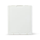 Eine Vorderansicht der großen weißen Haustiertür für große Hunde mit der Verriegelungsplatte in Position, auf weißem Hintergrund