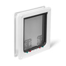 Eine Seitenansicht der weißen manuell verriegelbaren Katzenklappe, geeignet für Katzen und kleine Hunde auf weißem Hintergrund