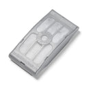 Eine Nahaufnahme des dreistufigen Filters in einem grauen Kunststoffgehäuse mit Dog Mate und Cat Mate Markenzeichen darauf, vor einem weißen Hintergrund