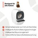 Infografik für die Cat Mate automatische Katzentoilette, die eine weiße abgerundete Einheit mit schwarzen Akzenten und einer nach vorne gerichteten Öffnung zeigt. Der Text gibt an, dass sie 'Für alle Katzen geeignet' ist, mit einem Bild einer getigerten Katze. Die aufgeführten Funktionen umfassen Sicherheitssensoren zum Schutz Ihrer Katze, intelligente Automatisierungstechnologie, intelligentes Streumanagement und fortschrittliche Gesundheitsüberwachung, jeweils begleitet von Symbolen (Katzengesicht, Pfoten