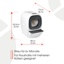 Weiße und graue geschlossene Katzentoilette mit angezeigten Maßangaben: 73 cm (28,7 Zoll) Tiefe, 65,8 cm (25,9 Zoll) Höhe und 48 cm (18,9 Zoll) Breite. Das moderne kugelförmige Design verfügt über einen vorderen Eingang mit einem dunklen Innenfach und einer belüfteten Trittplattform. Der Text gibt 80 Liter Streukapazität und 8 Liter Abfallkapazität an.