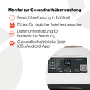 Infografik, die das obere Bedienfeld einer Cat Mate automatischen Katzentoilette mit einem digitalen Touchscreen-Display zeigt, das Wi-Fi-Konnektivität und Einstellungen bei 3/5 anzeigt. Die Überschrift 'Einrichtungs- und Konnektivitätsfunktionen' listet vier Funktionen mit Symbolen auf: Touchscreen-Panel für schnelle Einrichtung (Pfotenabdruck-Symbol), iOS- und Android-App-Kompatibilität (Katzengesicht-Symbol), Fernüberwachungsfunktionen (Stecker-Symbol) und Wartungserinnerungen (Uhr-Symbol). Ein QR-Code i