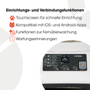 Infografik, die das obere Bedienfeld einer Cat Mate automatischen Katzentoilette mit einem digitalen Touchscreen-Display zeigt, das Wi-Fi-Konnektivität und Einstellungen bei 3/5 anzeigt. Die Überschrift 'Einrichtungs- und Konnektivitätsfunktionen' listet vier Funktionen mit Symbolen auf: Touchscreen-Panel für schnelle Einrichtung (Pfotenabdruck-Symbol), iOS- und Android-App-Kompatibilität (Katzengesicht-Symbol), Fernüberwachungsfunktionen (Stecker-Symbol) und Wartungserinnerungen (Uhr-Symbol). Ein QR-Code i