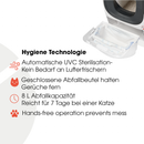 Infografik, die die Abfallschublade einer automatischen Katzentoilette mit Text zeigt, der 'Hygienetechnologie'-Funktionen beschreibt. Das Bild zeigt das weiße Abfallfach mit einem blau ausgekleideten Beutel unter der schwarzen perforierten Streukammer. Die aufgeführten Funktionen umfassen: automatische UVC-Sterilisation ohne Bedarf an Lufterfrischern (Wind-Symbol), geschlossene Abfallbeutel enthalten Gerüche (Katzengesicht-Symbol), 8L Abfallkapazität für 7 Tage für eine einzelne Katze (Uhr-Symbol) und berü