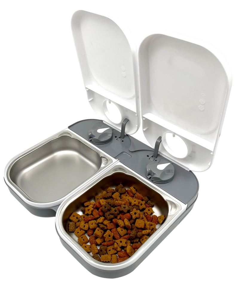 Heimtier-Futterautomat für zwei Fütterungen mit Edelstahl-Napfeinsätzen (C200)